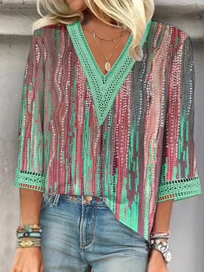 the RAINDROP - Women's Vintage Print Hollow Lace Patchwork Elegant Spring/Summer Trendy Casual V-Neck 3/4 Sleeve Loose Blouse Tops