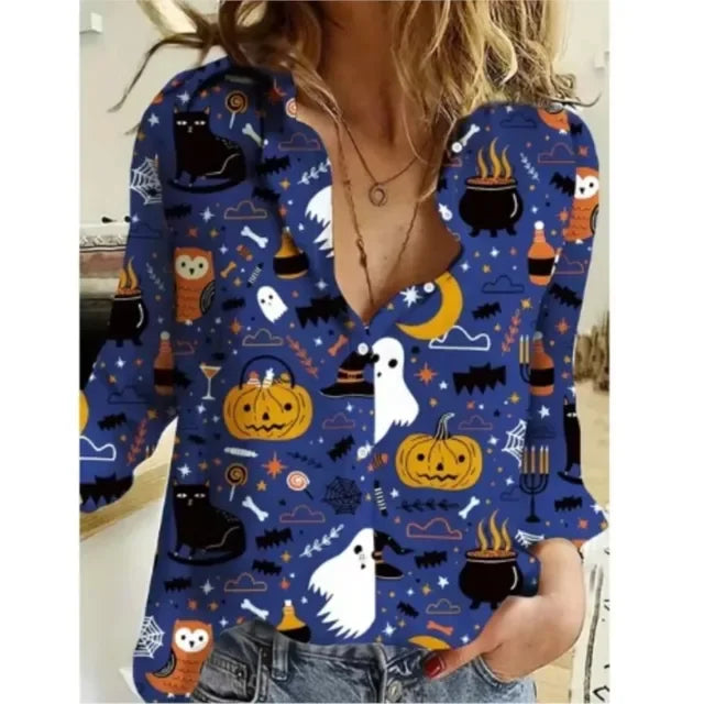 New Christmas Women Clothing Casual Long Sleeve Button Tops Shirts Cute Christmas tree Santa Claus Print Blouses Autumn Blouses