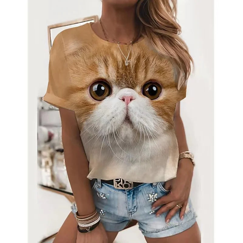 New Summer 3D Printing T-Shirt for Women Cute Cat Fashion Tee 2022 New Harajuku Animal Short Sleeve Oversized Clothing Camiseta