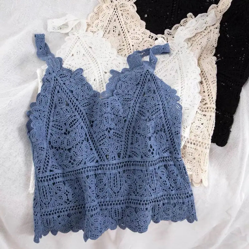 V-neck Vest Tops Women Summer Sleeveless Crochet Knitting Tops Hollow Lace Knitted Sling Tops Streetwear ropa de mujer