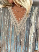 the RAINDROP - Women's Vintage Print Hollow Lace Patchwork Elegant Spring/Summer Trendy Casual V-Neck 3/4 Sleeve Loose Blouse Tops