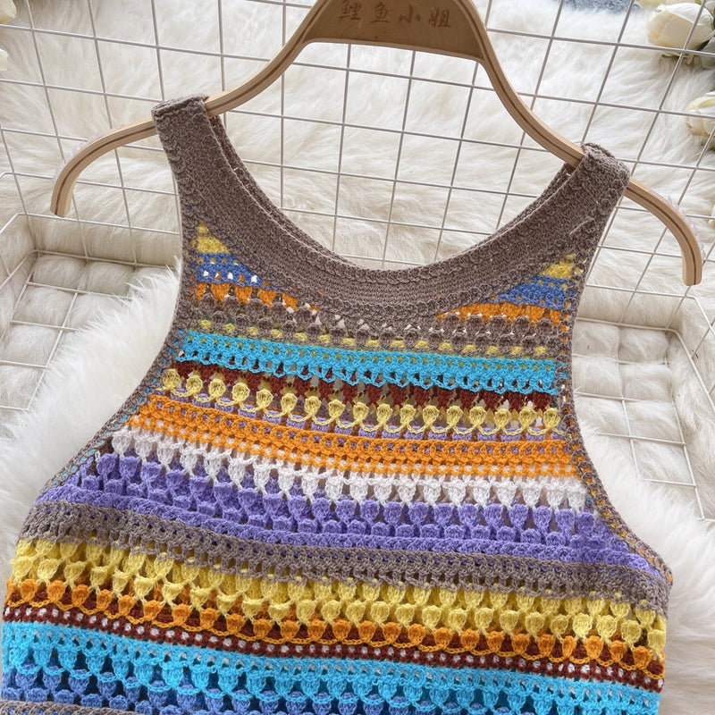 SINGREINY Bohemian Rainbow Knit Tops Y2k Hooked Flower Hollow Out Sleeveless Sweet Summer Women Holiday Beachwear Colorful Camis