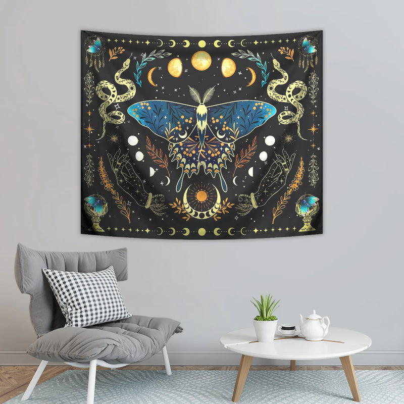 the MOTHMAN - 1PC Butterfly Moon Tapestry, Bohemian Tapestry, Aesthetic Moth Snake Tapestry, Retro Plant Starry Sky Tapestry