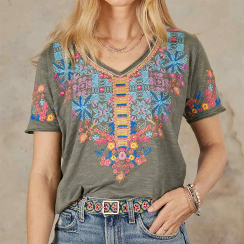 Summer T-shirt Floral Ethnic 3D Print V-Neck Tees Retro Women Tops Boho Streetwear Harajuku Oversized T Shirts Female Clothing