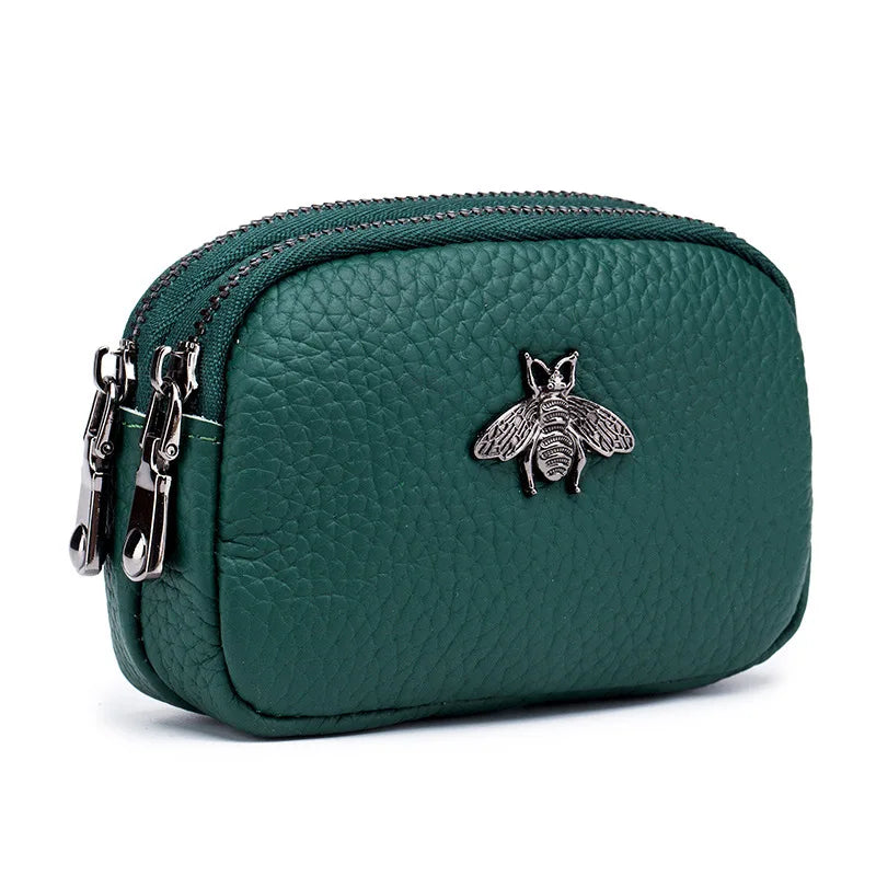 the BEE BAG - Women Cowhide Double Zipper Portable Wallets, Bag Bee Card Hoder Lipstick Case Leather Mini Earphone Coin Purse