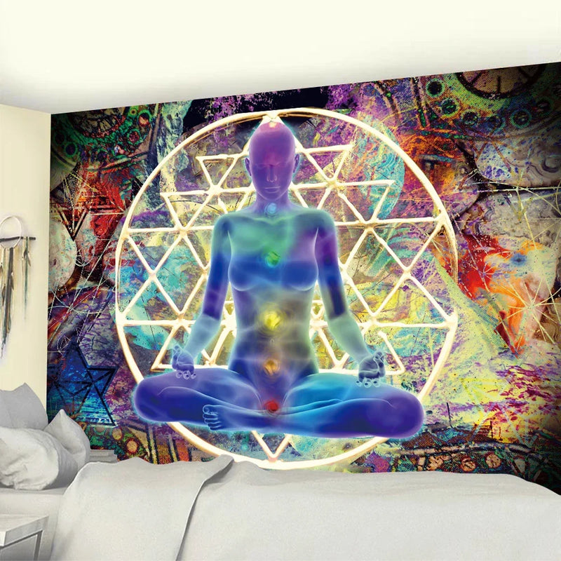 the MEDITATION - Mandala Seven Chakra Psychedelic Scene Home Decor Art Tapestry Hippie Wall Hanging, Boho Room Wall Decor