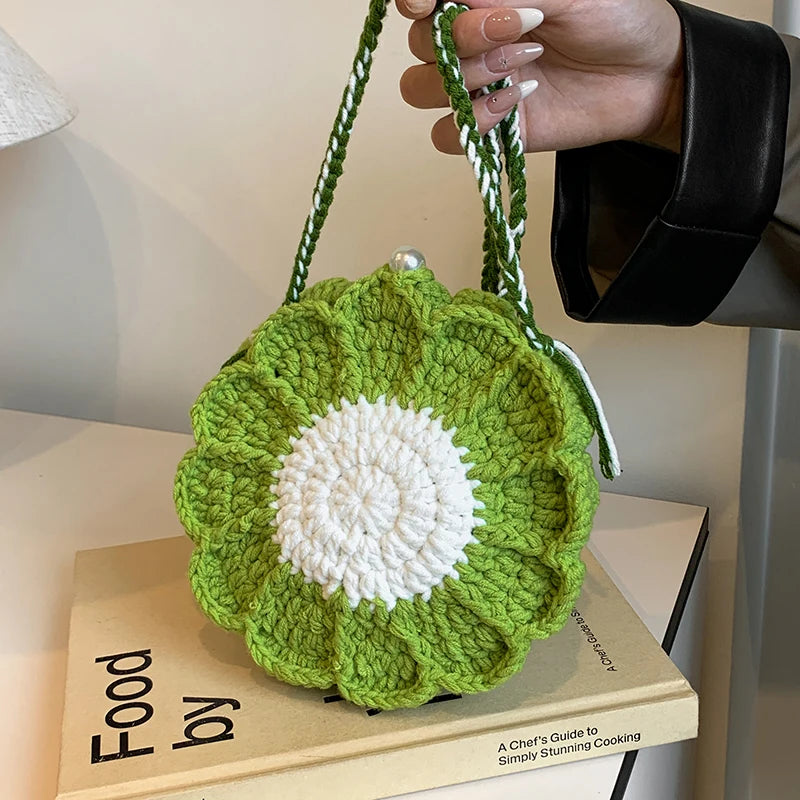 the KNITTED FLOWER - New Fashion Sunflower Pattern Women's Mini Knitted Handbag, Female Woven Shopper Purse, Lovely Design Chain Shoulder Crossbody Bag