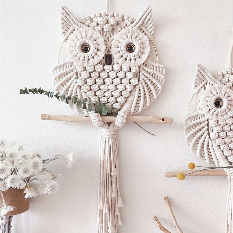 the MACRAME OWL - Owl Tapestry Hand-Woven Owl Dream Catcher Wall Hanging Macrame Mandala Tassel Boho Decor, DIY Apartment Dorm Room Home Decoration