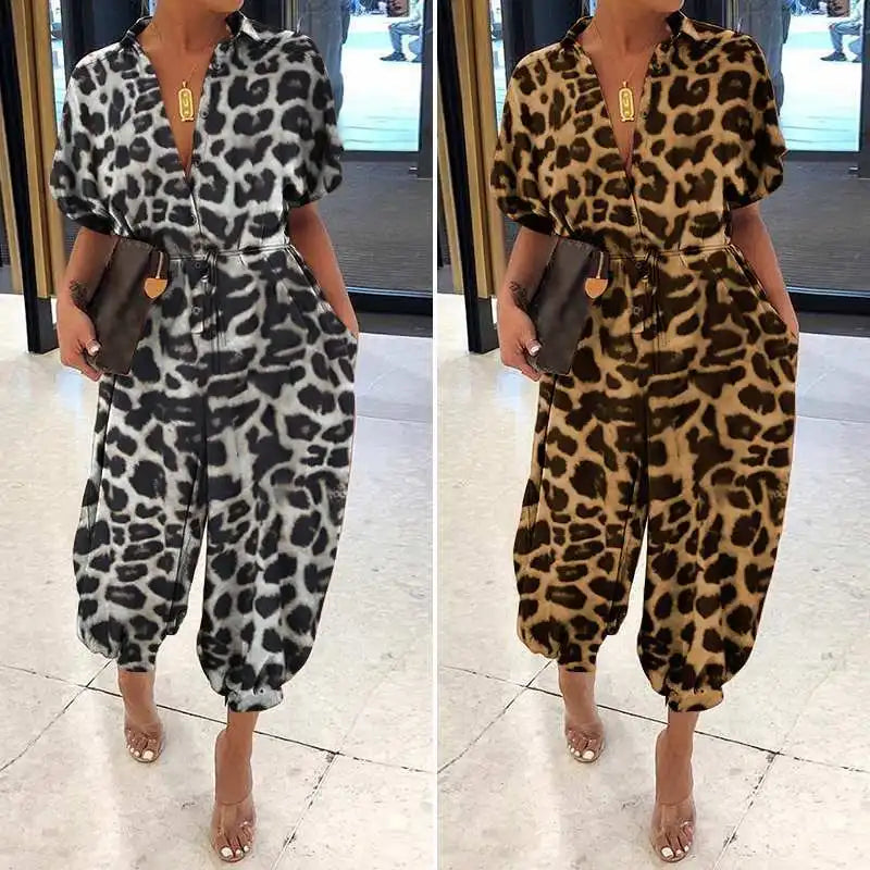 the JUMPSUIT - Fashion Print Short Sleeves V-Neck Loose Playsuit Pocket Vintage Jumpsuits for Women