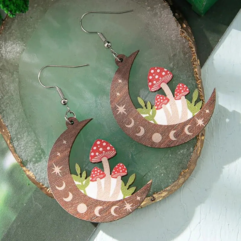 the MUSHROOM MOON - Fashion Cute Wooden Earrings for Women, Simple Personality Double-Sided Printed Mushroom Moon Earrings Jewelry