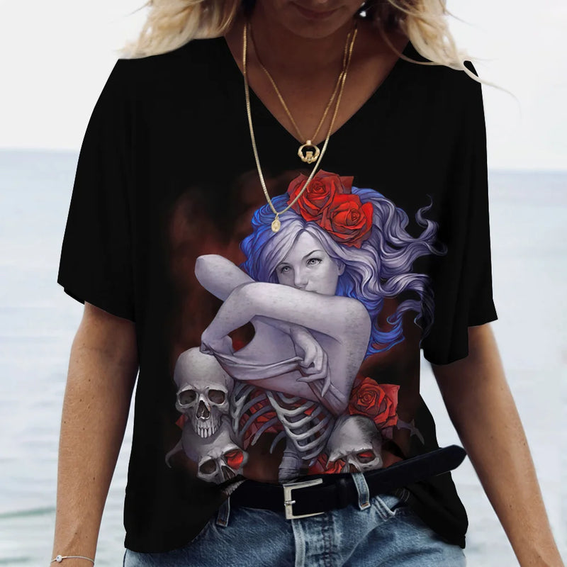 2023 Vintage Skull Face Women's T Shirt Tops V Neck Casual Cotton Short Sleeve Pullover Summer Female Harajuku Punk Streetwear