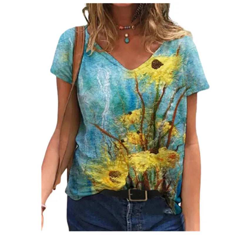 Oversized Summer Women Tops Fashion Short Sleeve 3d Flower Print Beauty T Shirt Streetwear Loose Harajuku Casual Female Clothing