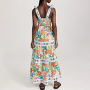 the BRADY BOHO - Summer Spaghetti Strap Long Boho Sleeveless Low Cut Beach Fashion Floral Print Tie Up Pleated Dress