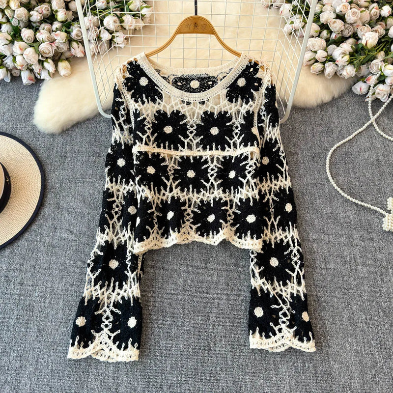 Daisy Crochet Knit Sweater Long Sleeve Sheer Open-knit Crop Knit Top Pullover for Women Teen-girl Fall Winter Boho Beach Outfit