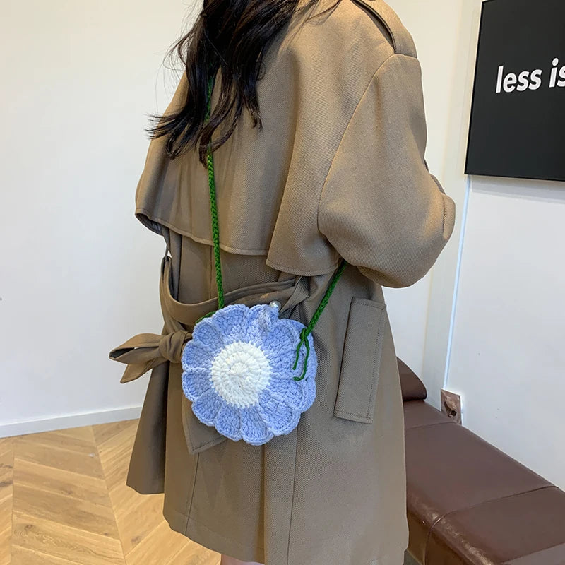 the KNITTED FLOWER - New Fashion Sunflower Pattern Women's Mini Knitted Handbag, Female Woven Shopper Purse, Lovely Design Chain Shoulder Crossbody Bag