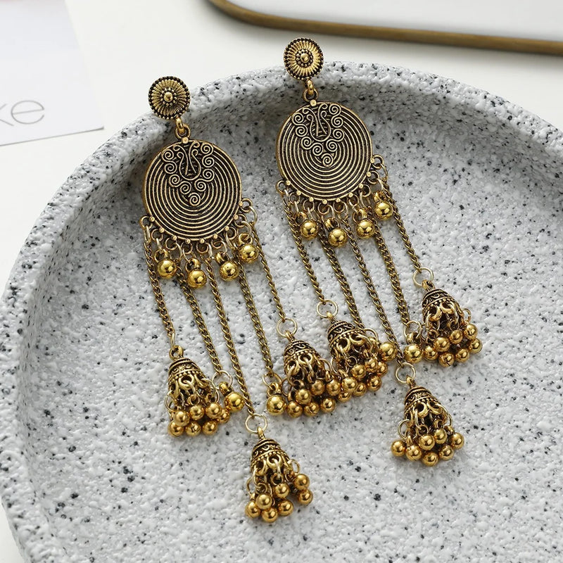 the GONG BELLS - Retro Geometric Round Bead Bells Tassel Long Dangling Earrings Women Indian Jhumka Jewelry