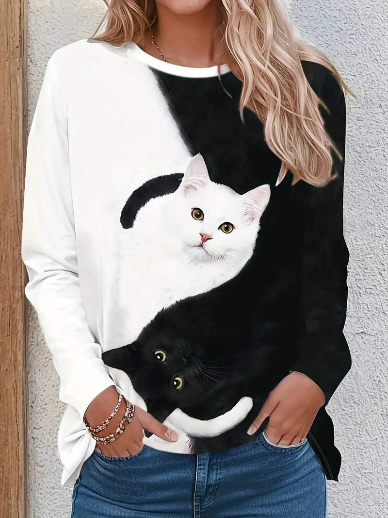 Women's Fashion Tops 3D Cat Print Casual T-Shirt Loose Sleeve Long Sleeve Round Neck T-Shirt Women's Harajuku Top