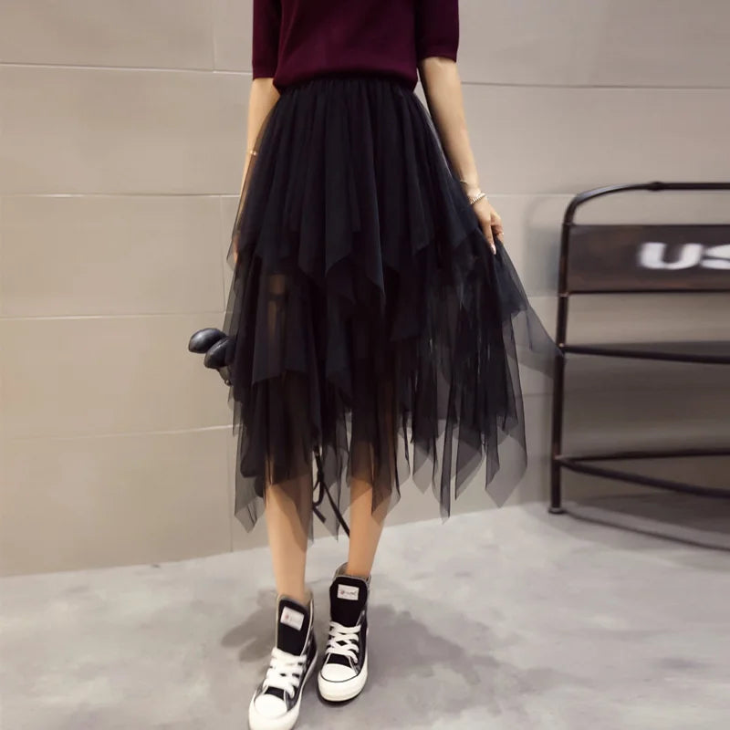 Fashion Summer Tutu Women Skirt Harajuku Tulle Bottom Faldas Casual High Waist Midi Mesh Skirts Woman Clothes Saia Jupe Femme