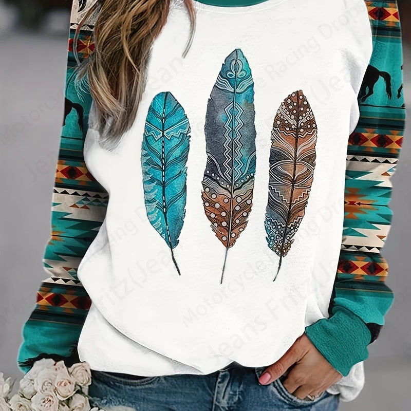 Ethnic Feather 3d Print Crew Neck Hoodie Women Fashion Casual Vintage Hoodies Women Sweats Hooded Coat Clothes Femme Sudadera