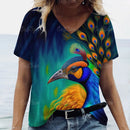 the PEACOCK - 3D Peacock Feathers Print Fashion Short Sleeve Casual V-Neck T-Shirts for Women