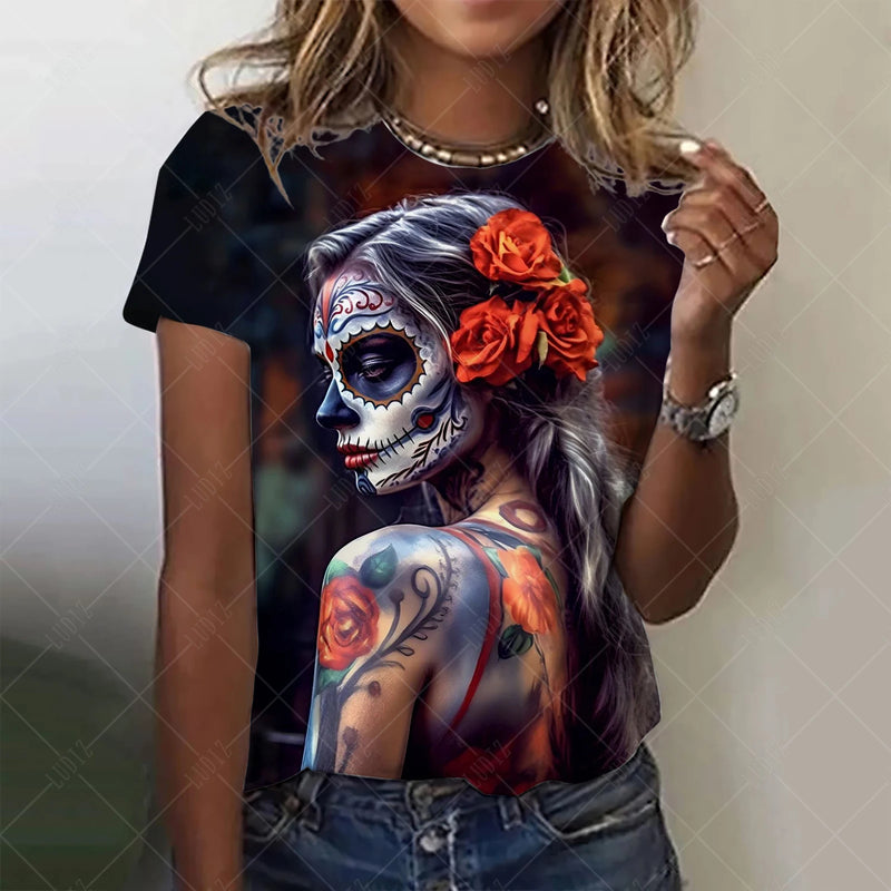 Women's T-shirt for Girls Summer Short Sleeve Fashion Casual Sexy Girls Clothes Horror Undead Skull Pattern oversized T-shirts