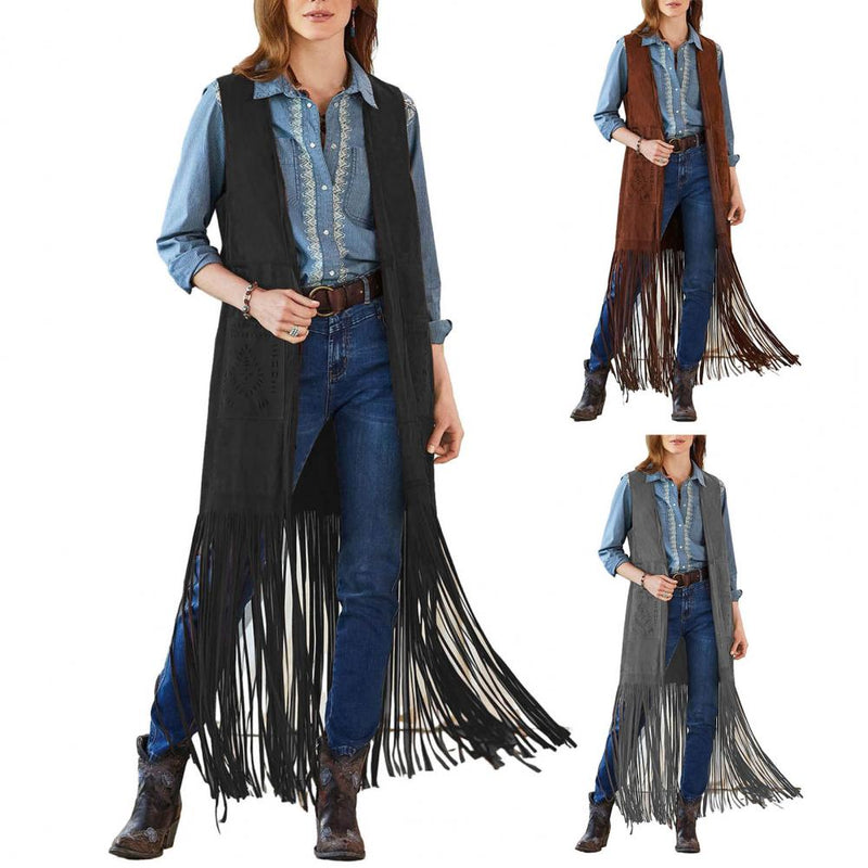 Western Fringed Vest Bohemian Fringe Vest Women's Sleeveless Cardigan with Tassel Detail Patch Pockets for Cowboy Cosplay