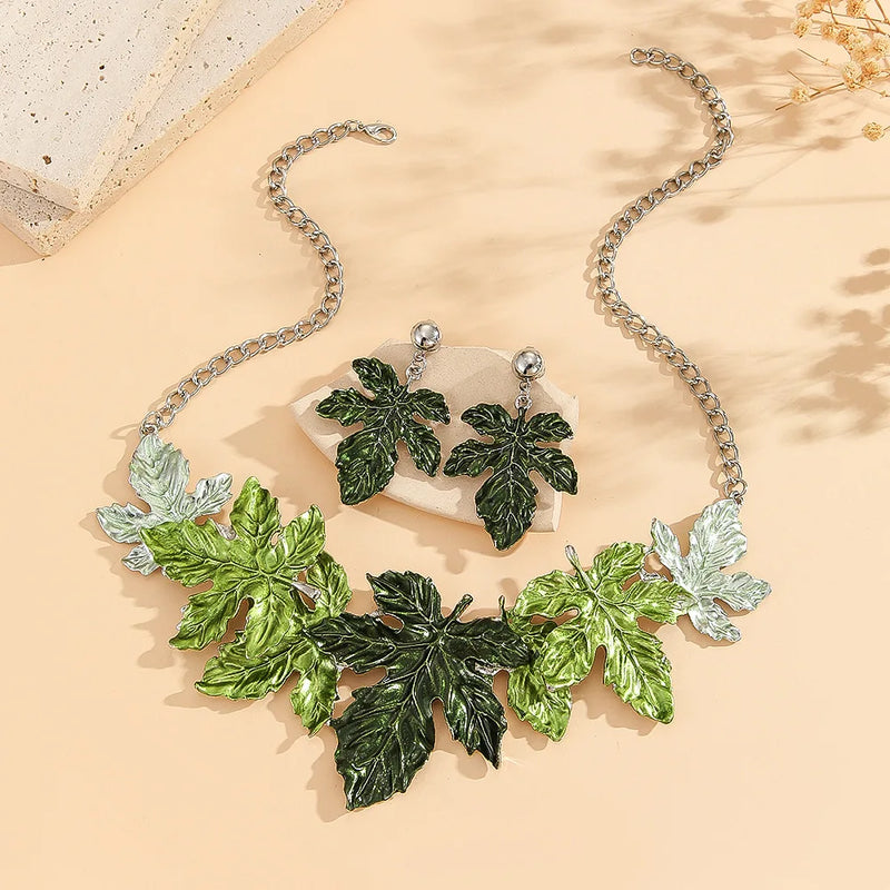 the MAPLE LEAF - Green Maple Leaf Alloy Necklace Set, Jewelry Exaggerated Leaf Necklace/Earrings