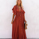 the BEACH BOHO - Summer Long Bikini Cover Ups Solid V-Neck Kimono Beach Lace Up Anti-Sun Swim Bohemian Sarong Dress for Women