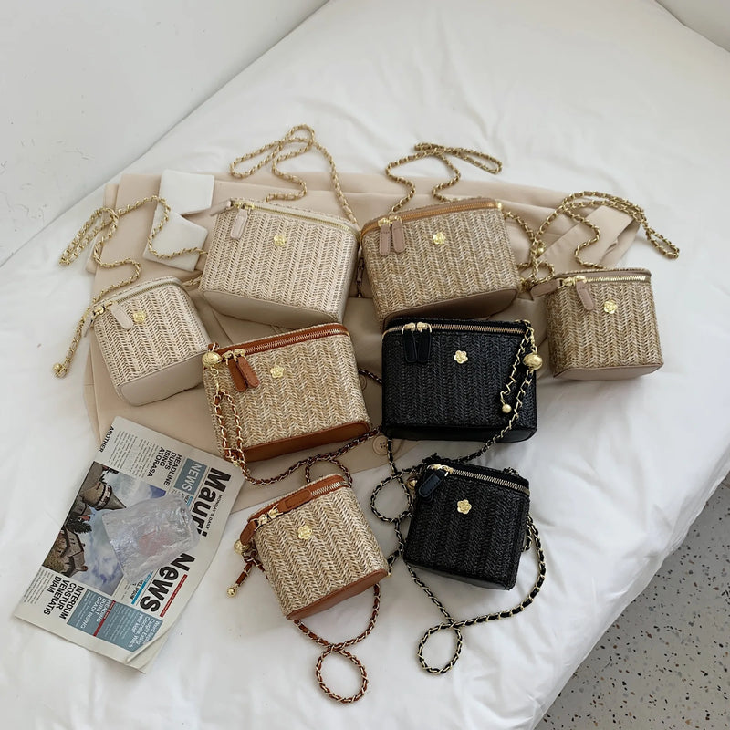 the PICNIC BOHO - Mini Straw Bucket Crossbody Bag for Women, Summer Weave Women's Brand Handbags and Purses, Fashion Chain Simple Shoulder Bags