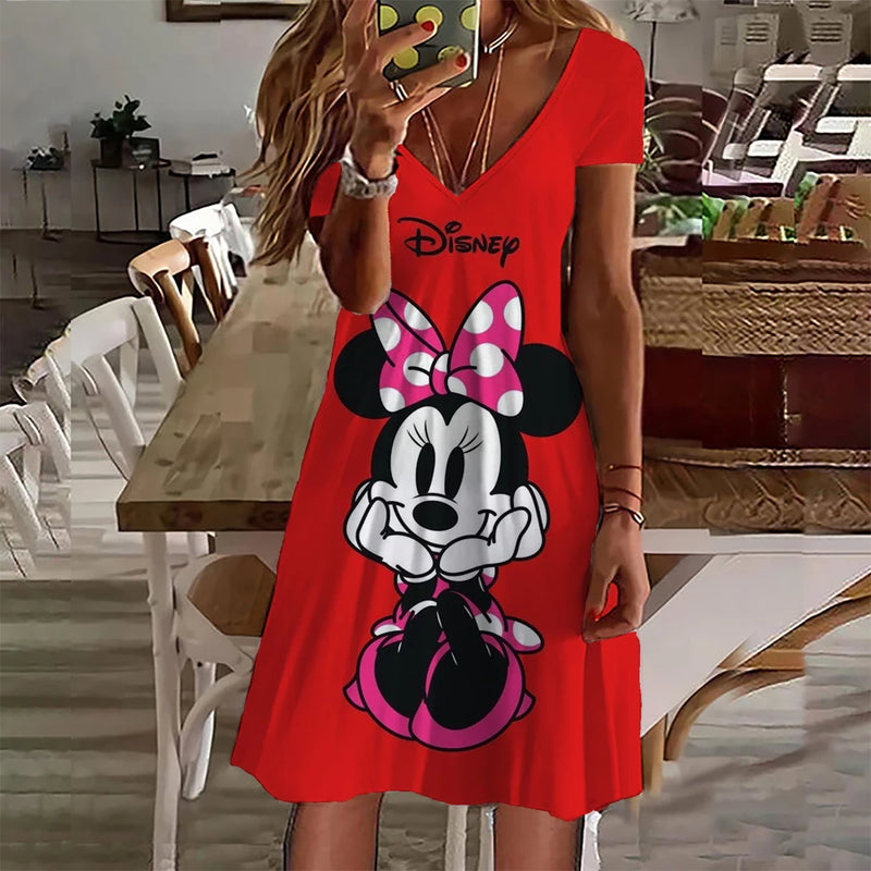 New 2024 Summer Dresses Women Disney Mickey Mouse print Dress Female Clothing Casual Retro Short Sleeve Loose Plus Size Dress