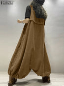 the ROMPER BOHO - Streetwear Corduroy Bibbed Wide Leg Pant Drop Crotch Overalls Loose Casual Suspender Rompers/Jumpsuits