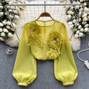 the SHEER BOHO - Women's Loose O-Neck Long Sleeves Sheer Bohemian Transparent 3D Floral Blouse
