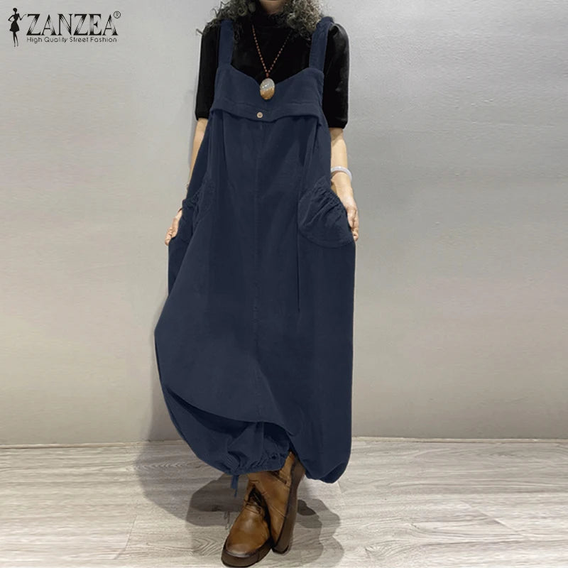 ZANZEA Streetwear Corduroy Bibbed-Jumpsuits Women Wide Leg Pant Drop-Crotch Overalls 2025 Spring Loose Casual Suspender Rompers