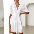 Sexy V Neck Short Sleeve Beach Dresses Summer Holiday Loose Pleated A-line Dresses Ladies Fashion Lace Hollow Solid Color Dress