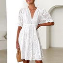the EYELET DRESS - Sexy Summer V-Neck Short Sleeve Beach Summer Loose Pleated A-Line Lace Hollow Solid Color Dress