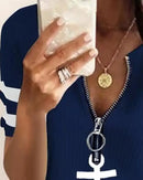 the AHOY - Summer Fashion Anchor Print Zipper Front Casual V-Neck Short Sleeve Shirt for Women