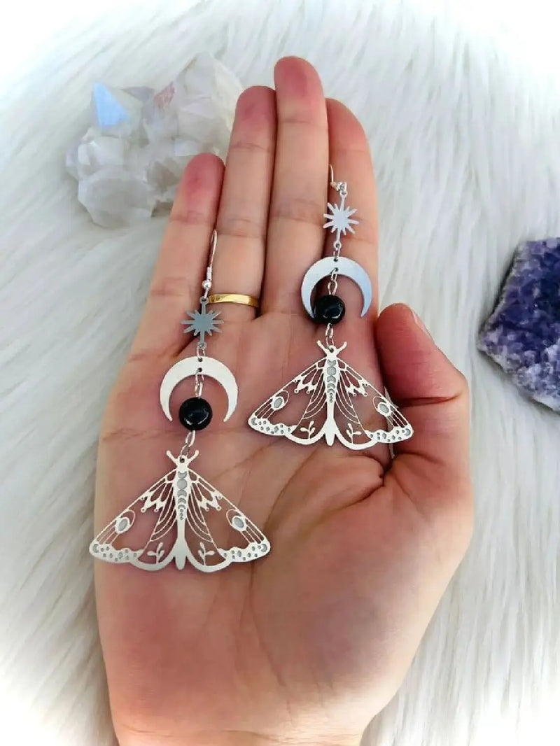 the BUG LIFE - Fashion Moon Star Elegant Moth Insect Creative Bohemian Silver Color Copper Dangle Earrings for Women