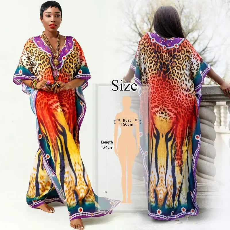 2023 Bohemian Printed V-neck Batwing Sleeve Long Loose Summer Dress For Women Clothes  Streetwear Moroccan Caftan Q831