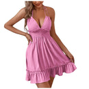 the SUMMER BOHO - Trendy Solid Boho Ruffles V-Neck Sleeveless Halter Backless Beach Summer Sundress