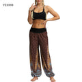 Women Trousers Loose Wide Leg Pants Pants Elastic Waist Bohemian Woman Feather/Flower Print Baggy Harem Pantalon Femme