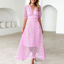 the BROCADE BOHO - Elegant Summer Hollow Out Slim Beach Long Lace Maxi Dress V Neck Puff Sleeve High Waist Dress