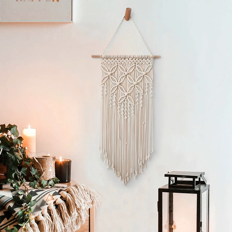 the WOVEN WALL - Macrame Wall Hanging Tapestry, Handmade Ethnic Chic Tapestry, Woven Wall Art Décor, Beige Tassel Cotton Crochet Decoration