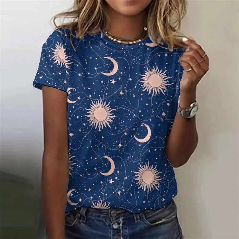 3D Printed Sun Stars Moon T Shirt For Women Starlit Sky Graphic Tees Summer Casual Loose T-Shirts Round Neck Tops Short Sleeves