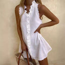 the WHITE SUMMER - Elegant Beach Party Boho Casual Cotton Linen White Summer V-Neck Ruffles Sleeveless Mini Dress