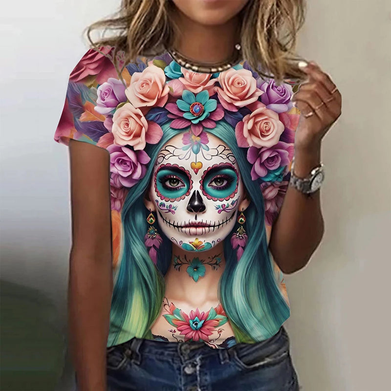 Women's T-shirt for Girls Summer Short Sleeve Casual Fashion  Sexy Girls Clothes Horror Undead Skull Pattern oversized T-shirts