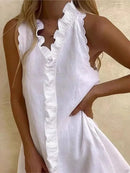 the WHITE SUMMER - Elegant Beach Party Boho Casual Cotton Linen White Summer V-Neck Ruffles Sleeveless Mini Dress