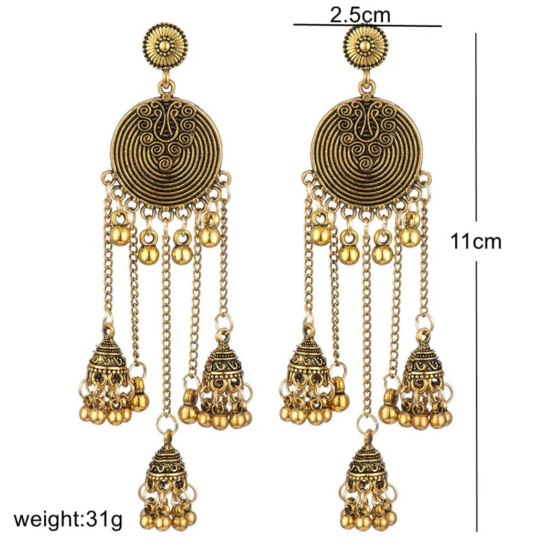 the GONG BELLS - Retro Geometric Round Bead Bells Tassel Long Dangling Earrings Women Indian Jhumka Jewelry