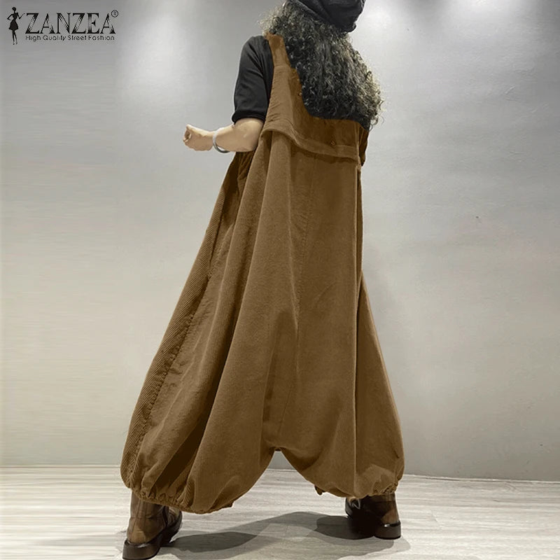 ZANZEA Streetwear Corduroy Bibbed-Jumpsuits Women Wide Leg Pant Drop-Crotch Overalls 2025 Spring Loose Casual Suspender Rompers