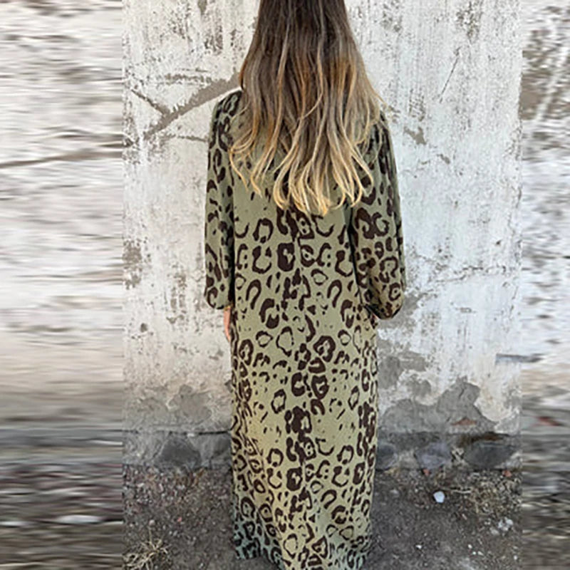 Vintage Leopard Print Loose Long Dresses Women 2025 Spring Elegant V Neck Pocket Maxi Dress Autumn 3/4 Sleeve Boho Holiday Dress