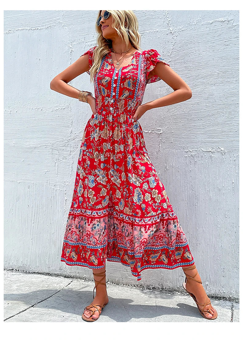 the BANDANA BOHO - Vintage Floral Boho Printed Short Sleeves V-Neck Slit A-Line Bohemian Summer Beach Midi Dresses